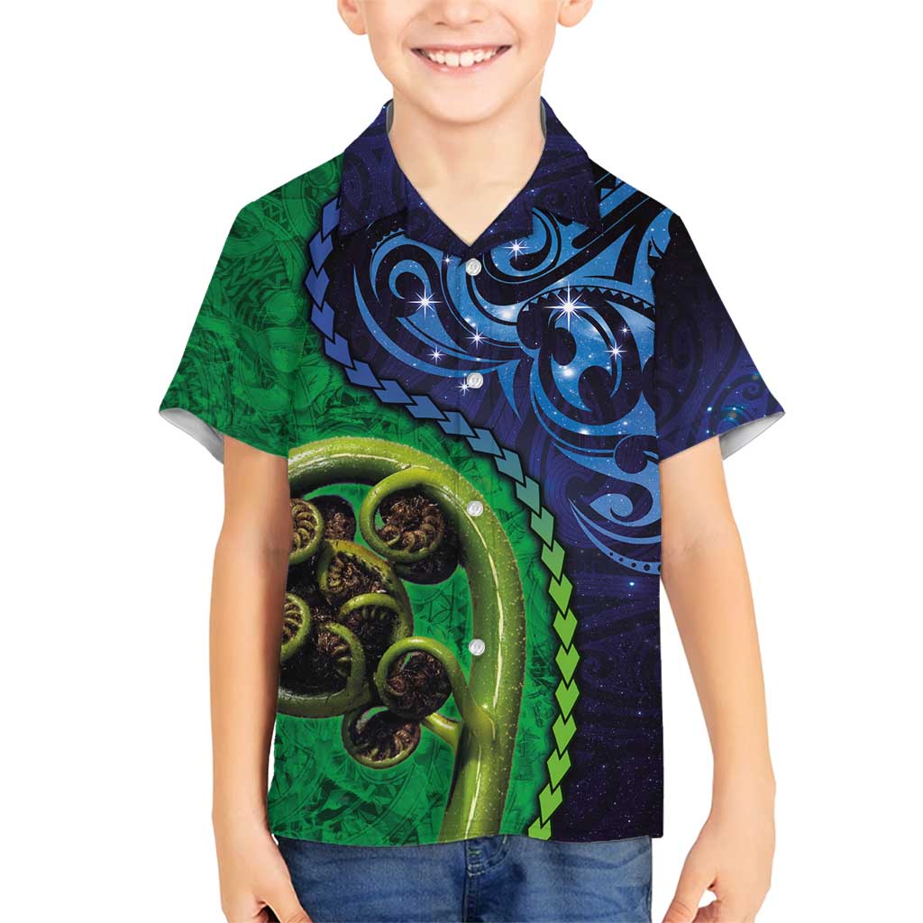 New Zealand Matariki Fern Frond Koru Family Matching Off Shoulder Short Dress and Hawaiian Shirt with Galaxy Blue Sky and Green Paua Shell Art LT03 Son's Shirt Blue - Polynesian Pride