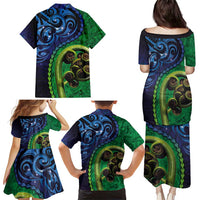 New Zealand Matariki Fern Frond Koru Family Matching Puletasi and Hawaiian Shirt with Galaxy Blue Sky and Green Paua Shell Art LT03 - Polynesian Pride