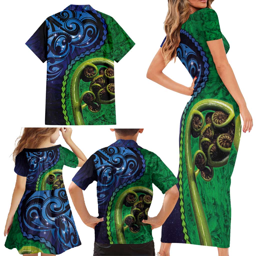New Zealand Matariki Fern Frond Koru Family Matching Short Sleeve Bodycon Dress and Hawaiian Shirt with Galaxy Blue Sky and Green Paua Shell Art LT03 - Polynesian Pride