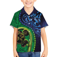 New Zealand Matariki Fern Frond Koru Family Matching Summer Maxi Dress and Hawaiian Shirt with Galaxy Blue Sky and Green Paua Shell Art LT03 Son's Shirt Blue - Polynesian Pride