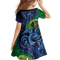 New Zealand Matariki Fern Frond Koru Family Matching Tank Maxi Dress and Hawaiian Shirt with Galaxy Blue Sky and Green Paua Shell Art LT03 - Polynesian Pride