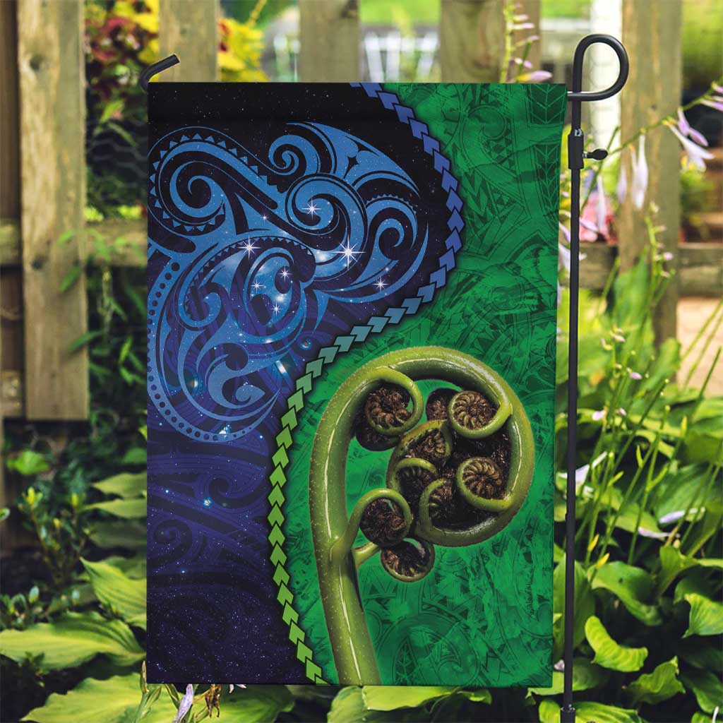 New Zealand Matariki Fern Frond Koru Garden Flag with Galaxy Blue Sky and Green Paua Shell Art LT03 Garden Flag Blue - Polynesian Pride