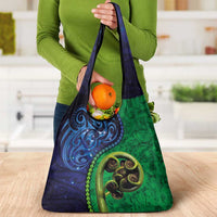 New Zealand Matariki Fern Frond Koru Grocery Bag with Galaxy Blue Sky and Green Paua Shell Art LT03 - Polynesian Pride
