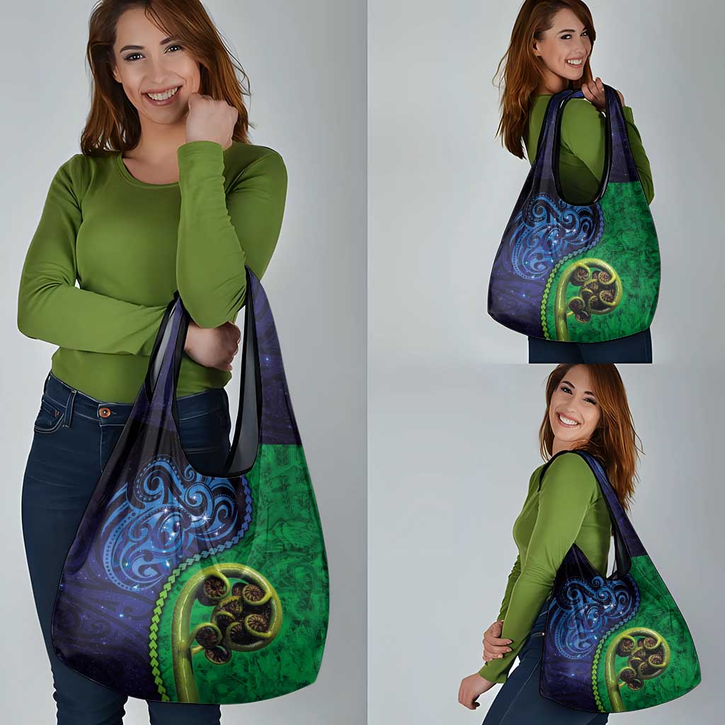 New Zealand Matariki Fern Frond Koru Grocery Bag with Galaxy Blue Sky and Green Paua Shell Art LT03 - Polynesian Pride