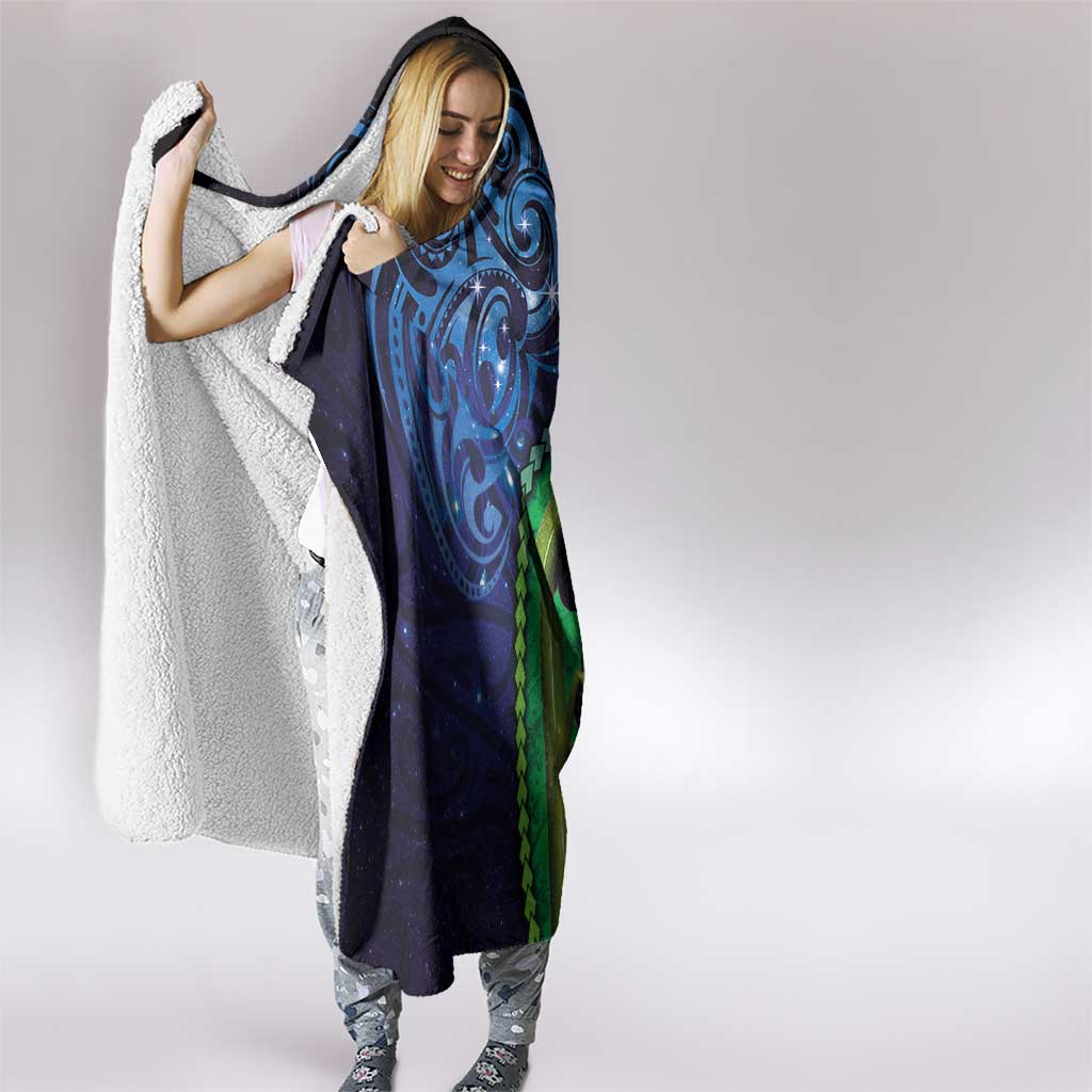 New Zealand Matariki Fern Frond Koru Hooded Blanket with Galaxy Blue Sky and Green Paua Shell Art LT03 - Polynesian Pride