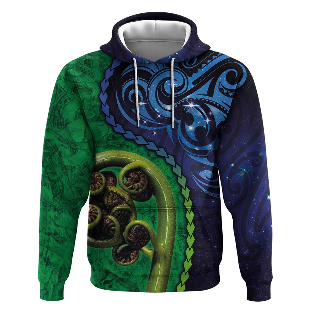 New Zealand Matariki Fern Frond Koru Hoodie with Galaxy Blue Sky and Green Paua Shell Art