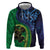 New Zealand Matariki Fern Frond Koru Hoodie with Galaxy Blue Sky and Green Paua Shell Art