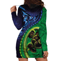 New Zealand Matariki Fern Frond Koru Hoodie Dress with Galaxy Blue Sky and Green Paua Shell Art LT03 - Polynesian Pride