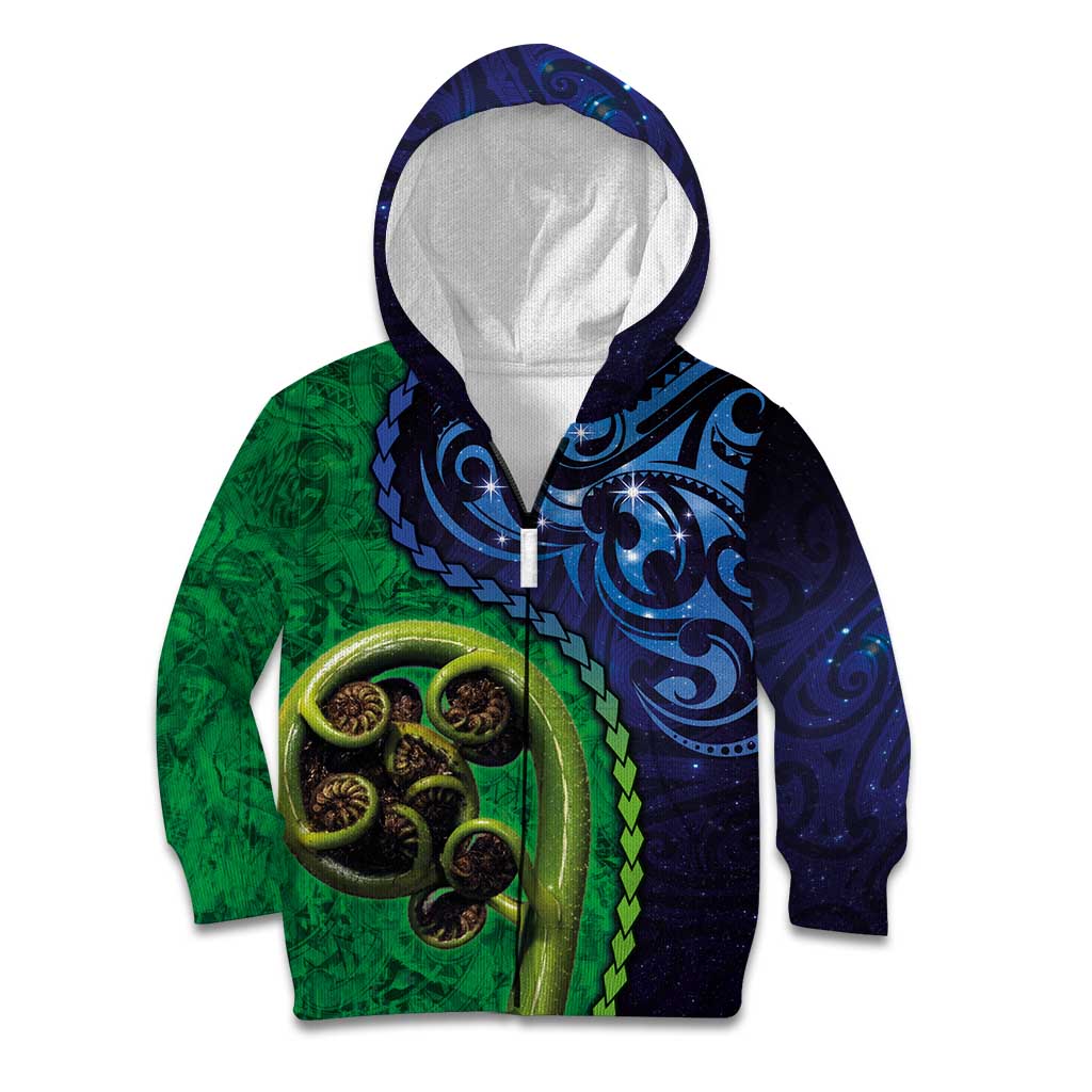 New Zealand Matariki Fern Frond Koru Kid Hoodie with Galaxy Blue Sky and Green Paua Shell Art
