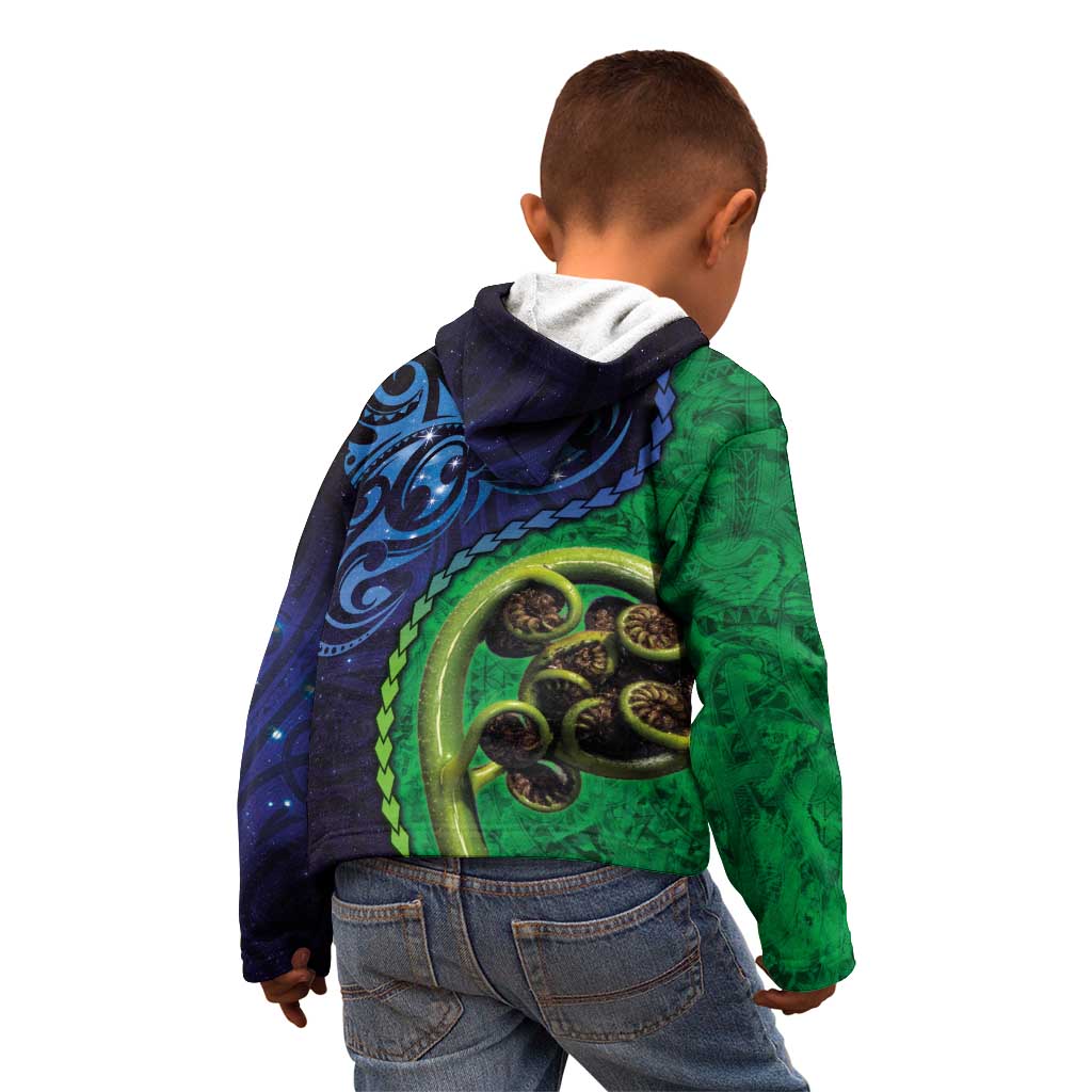 New Zealand Matariki Fern Frond Koru Kid Hoodie with Galaxy Blue Sky and Green Paua Shell Art