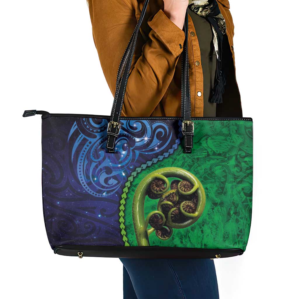 New Zealand Matariki Fern Frond Koru Leather Tote Bag with Galaxy Blue Sky and Green Paua Shell Art LT03 - Polynesian Pride