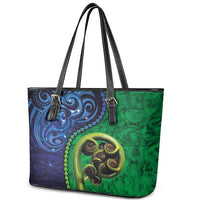 New Zealand Matariki Fern Frond Koru Leather Tote Bag with Galaxy Blue Sky and Green Paua Shell Art LT03 - Polynesian Pride
