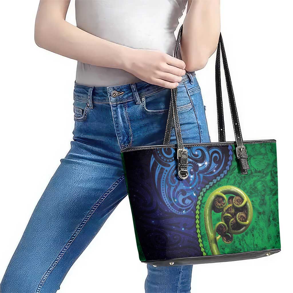 New Zealand Matariki Fern Frond Koru Leather Tote Bag with Galaxy Blue Sky and Green Paua Shell Art LT03 - Polynesian Pride