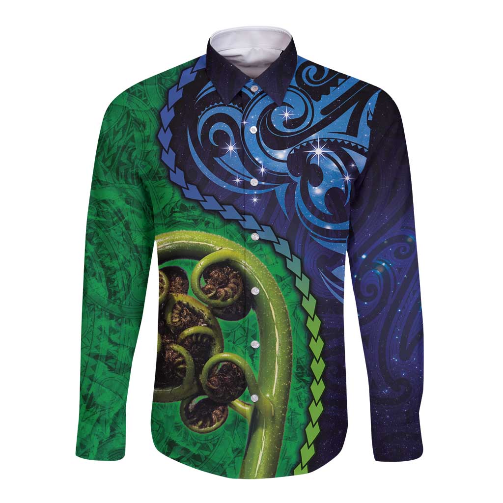 New Zealand Matariki Fern Frond Koru Long Sleeve Button Shirt with Galaxy Blue Sky and Green Paua Shell Art