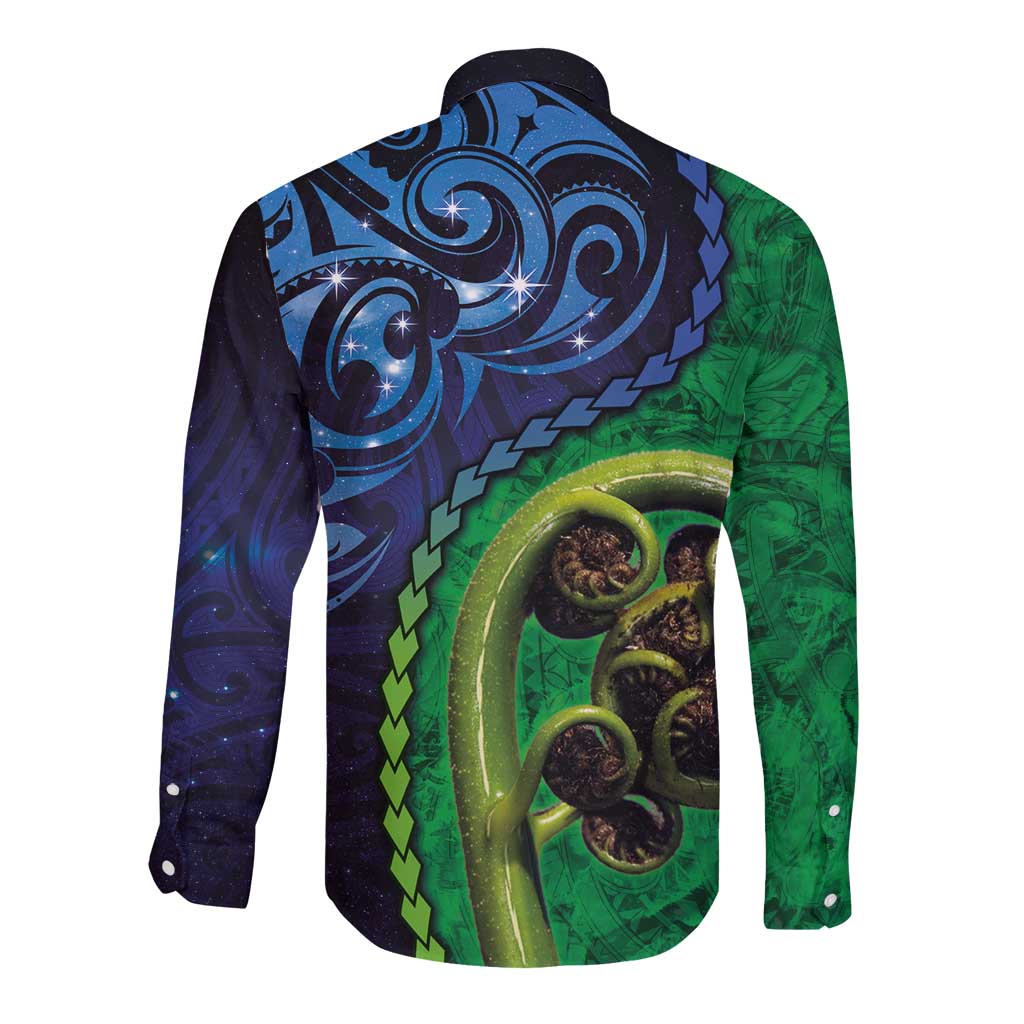 New Zealand Matariki Fern Frond Koru Long Sleeve Button Shirt with Galaxy Blue Sky and Green Paua Shell Art LT03 - Polynesian Pride