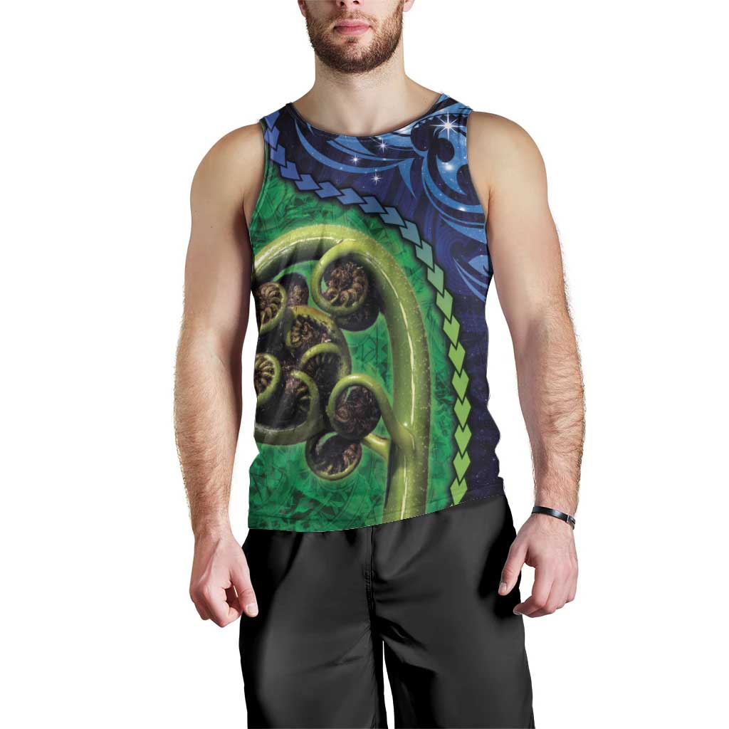 New Zealand Matariki Fern Frond Koru Men Tank Top with Galaxy Blue Sky and Green Paua Shell Art LT03 - Polynesian Pride
