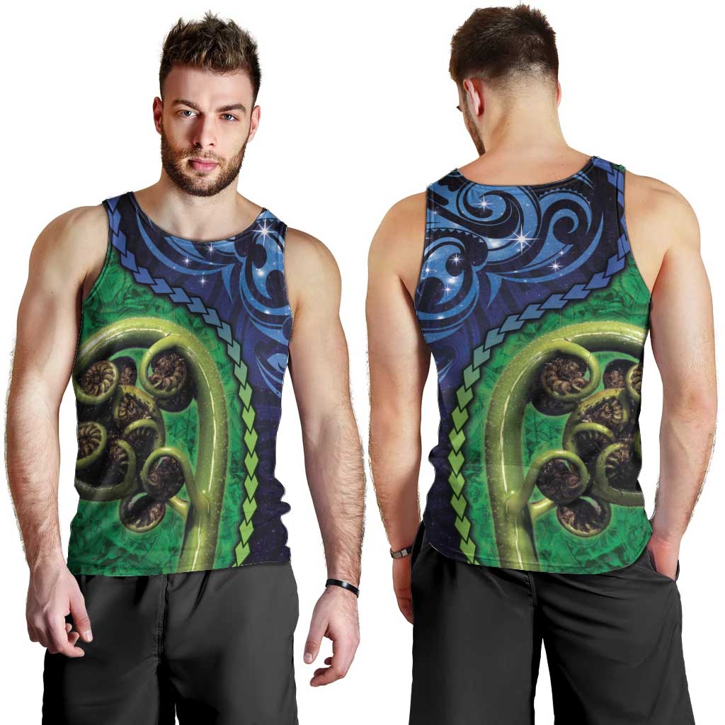 New Zealand Matariki Fern Frond Koru Men Tank Top with Galaxy Blue Sky and Green Paua Shell Art LT03 - Polynesian Pride
