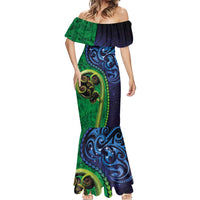 New Zealand Matariki Fern Frond Koru Mermaid Dress with Galaxy Blue Sky and Green Paua Shell Art LT03 - Polynesian Pride