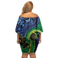 New Zealand Matariki Fern Frond Koru Off Shoulder Short Dress with Galaxy Blue Sky and Green Paua Shell Art