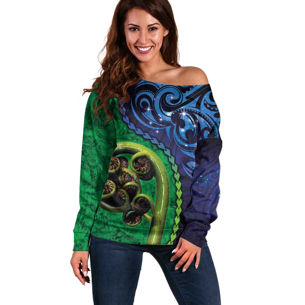 New Zealand Matariki Fern Frond Koru Off Shoulder Sweater with Galaxy Blue Sky and Green Paua Shell Art