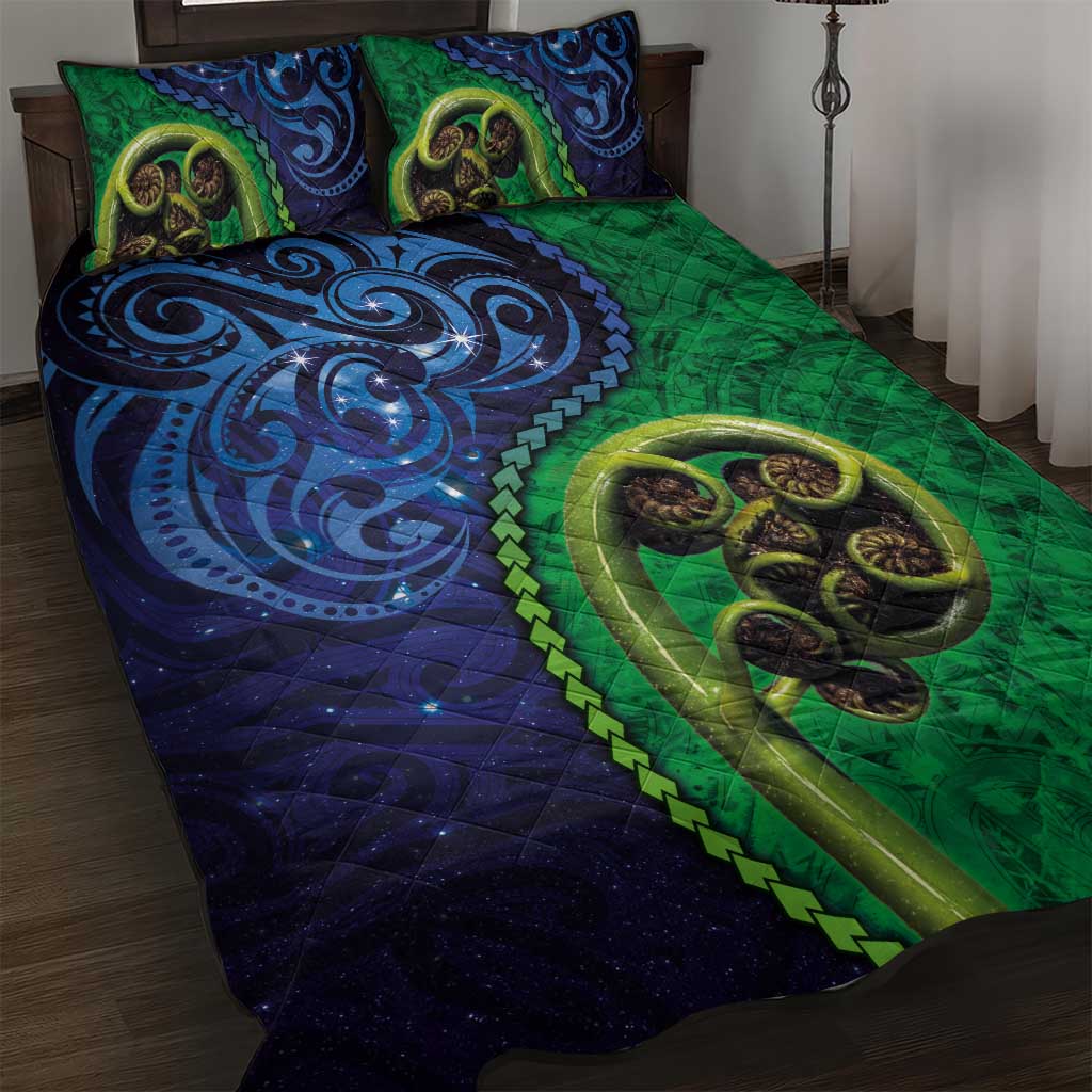 New Zealand Matariki Fern Frond Koru Quilt Bed Set with Galaxy Blue Sky and Green Paua Shell Art LT03 Blue - Polynesian Pride