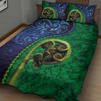 New Zealand Matariki Fern Frond Koru Quilt Bed Set with Galaxy Blue Sky and Green Paua Shell Art LT03 - Polynesian Pride
