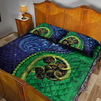 New Zealand Matariki Fern Frond Koru Quilt Bed Set with Galaxy Blue Sky and Green Paua Shell Art LT03 - Polynesian Pride