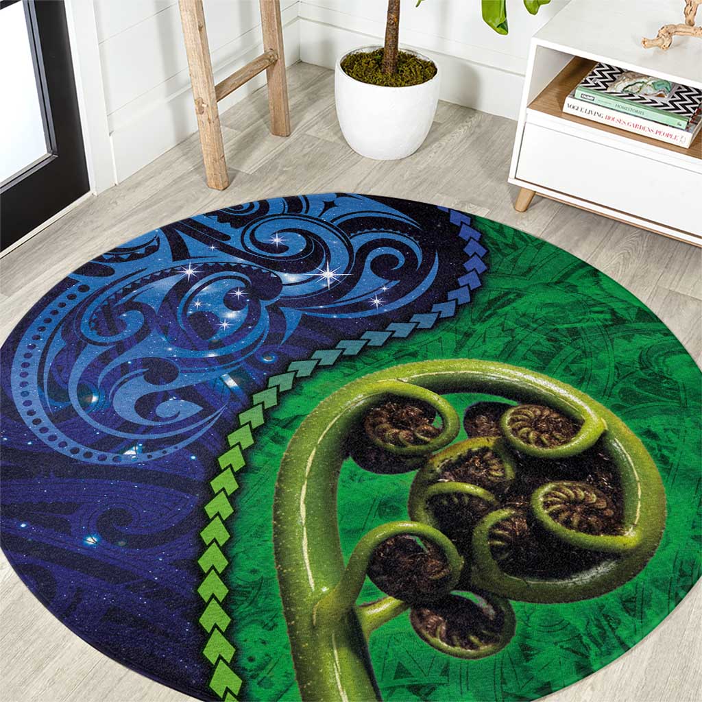 New Zealand Matariki Fern Frond Koru Round Carpet with Galaxy Blue Sky and Green Paua Shell Art LT03 Blue - Polynesian Pride