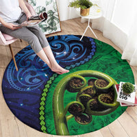 New Zealand Matariki Fern Frond Koru Round Carpet with Galaxy Blue Sky and Green Paua Shell Art LT03 - Polynesian Pride