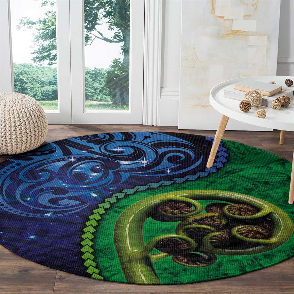 New Zealand Matariki Fern Frond Koru Round Carpet with Galaxy Blue Sky and Green Paua Shell Art LT03 - Polynesian Pride