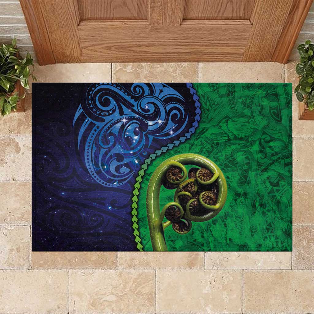 New Zealand Matariki Fern Frond Koru Rubber Doormat with Galaxy Blue Sky and Green Paua Shell Art LT03 Blue - Polynesian Pride