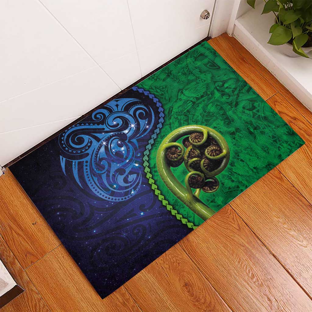 New Zealand Matariki Fern Frond Koru Rubber Doormat with Galaxy Blue Sky and Green Paua Shell Art LT03 - Polynesian Pride