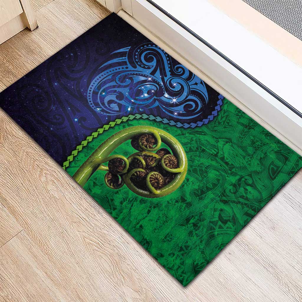 New Zealand Matariki Fern Frond Koru Rubber Doormat with Galaxy Blue Sky and Green Paua Shell Art LT03 - Polynesian Pride