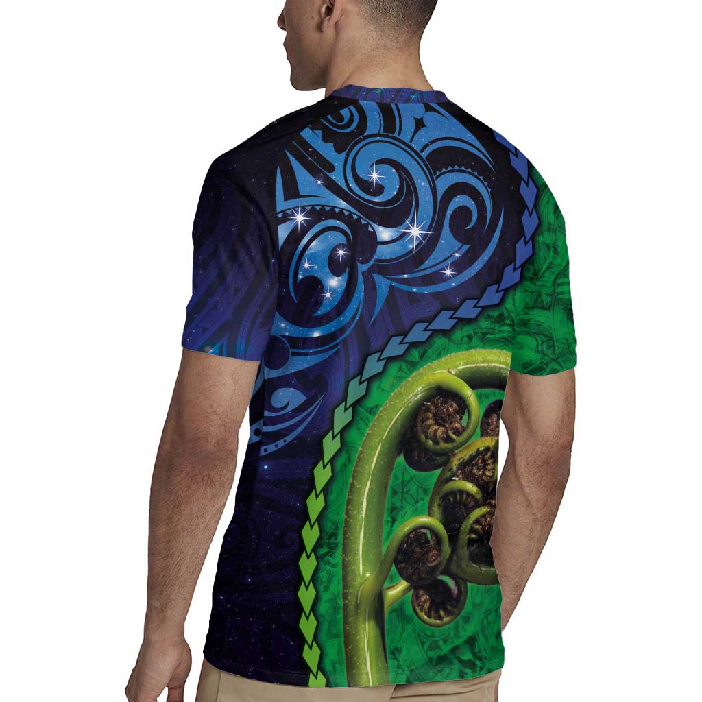 New Zealand Matariki Fern Frond Koru Rugby Jersey with Galaxy Blue Sky and Green Paua Shell Art LT03 - Polynesian Pride