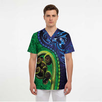 New Zealand Matariki Fern Frond Koru Scrub Top with Galaxy Blue Sky and Green Paua Shell Art - Polynesian Pride