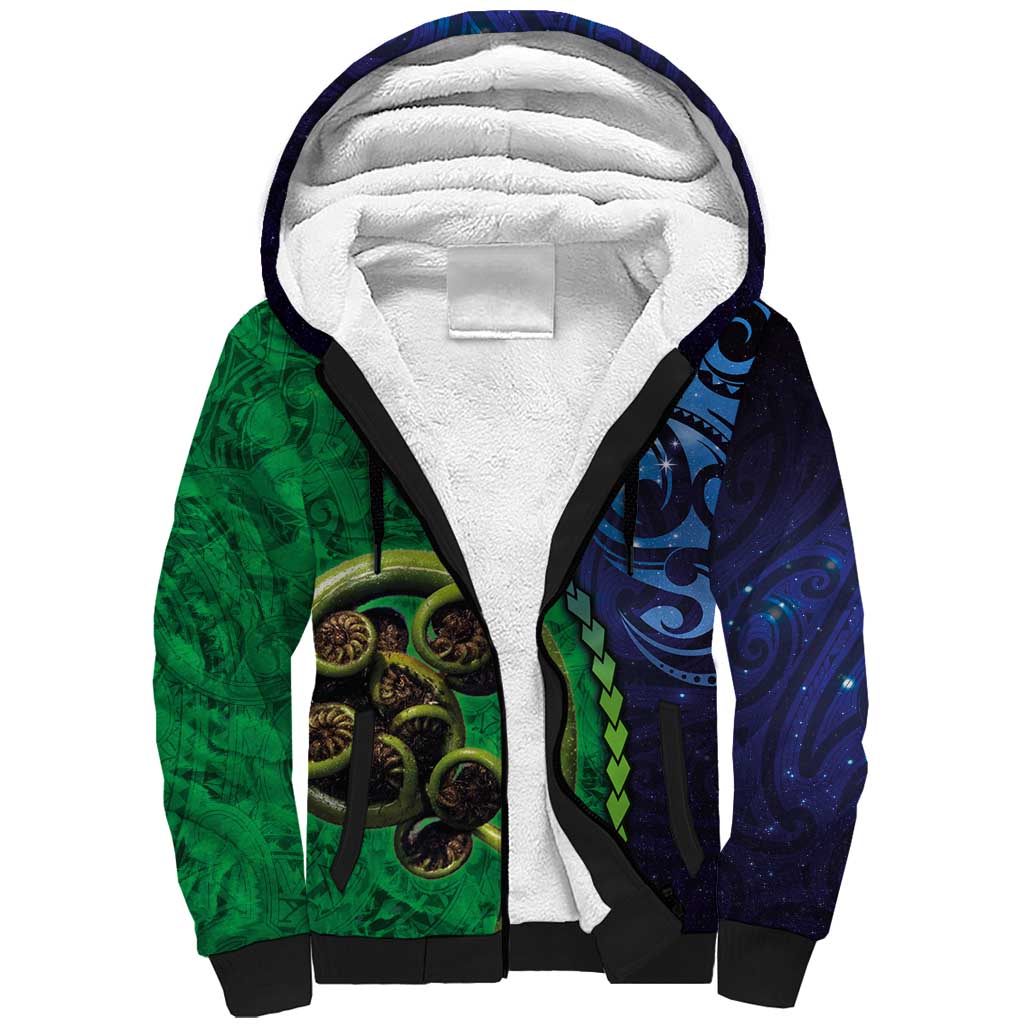 New Zealand Matariki Fern Frond Koru Sherpa Hoodie with Galaxy Blue Sky and Green Paua Shell Art
