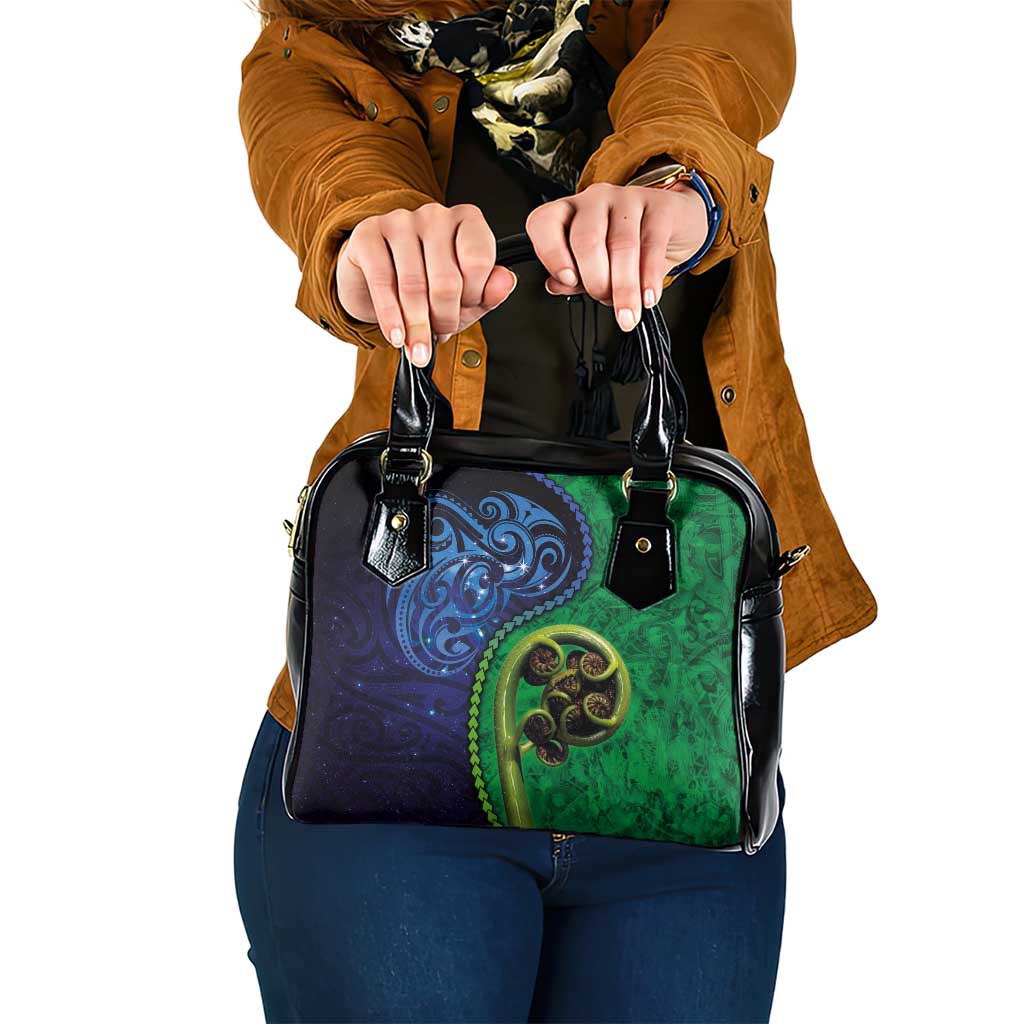 New Zealand Matariki Fern Frond Koru Shoulder Handbag with Galaxy Blue Sky and Green Paua Shell Art