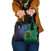 New Zealand Matariki Fern Frond Koru Shoulder Handbag with Galaxy Blue Sky and Green Paua Shell Art LT03 One Size Blue - Polynesian Pride