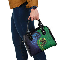 New Zealand Matariki Fern Frond Koru Shoulder Handbag with Galaxy Blue Sky and Green Paua Shell Art LT03 - Polynesian Pride