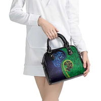 New Zealand Matariki Fern Frond Koru Shoulder Handbag with Galaxy Blue Sky and Green Paua Shell Art LT03 - Polynesian Pride