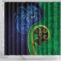 New Zealand Matariki Fern Frond Koru Shower Curtain with Galaxy Blue Sky and Green Paua Shell Art LT03 - Polynesian Pride
