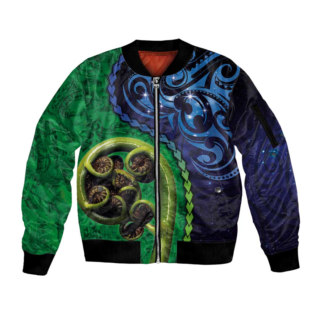 New Zealand Matariki Fern Frond Koru Sleeve Zip Bomber Jacket with Galaxy Blue Sky and Green Paua Shell Art
