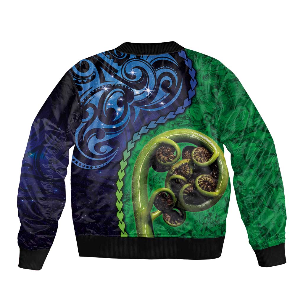 New Zealand Matariki Fern Frond Koru Sleeve Zip Bomber Jacket with Galaxy Blue Sky and Green Paua Shell Art LT03 - Polynesian Pride