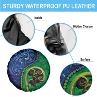 New Zealand Matariki Fern Frond Koru Spare Tire Cover with Galaxy Blue Sky and Green Paua Shell Art