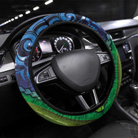 New Zealand Matariki Fern Frond Koru Steering Wheel Cover with Galaxy Blue Sky and Green Paua Shell Art LT03 Universal Fit Blue - Polynesian Pride