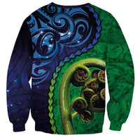 New Zealand Matariki Fern Frond Koru Sweatshirt with Galaxy Blue Sky and Green Paua Shell Art LT03 - Polynesian Pride
