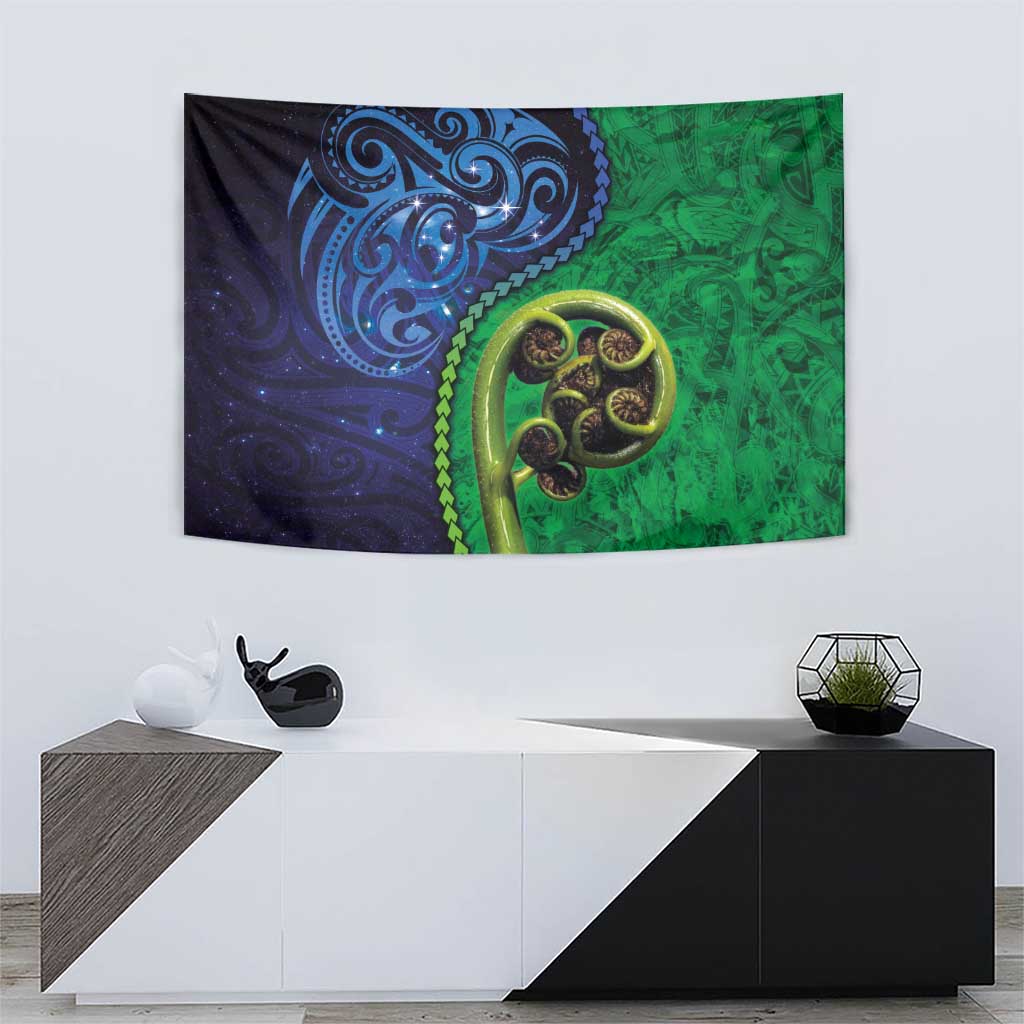 New Zealand Matariki Fern Frond Koru Tapestry with Galaxy Blue Sky and Green Paua Shell Art LT03 - Polynesian Pride
