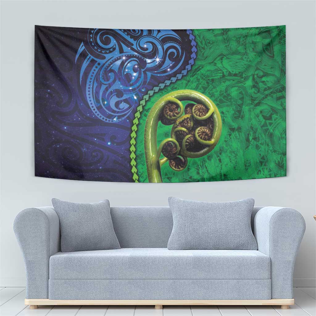 New Zealand Matariki Fern Frond Koru Tapestry with Galaxy Blue Sky and Green Paua Shell Art LT03 - Polynesian Pride