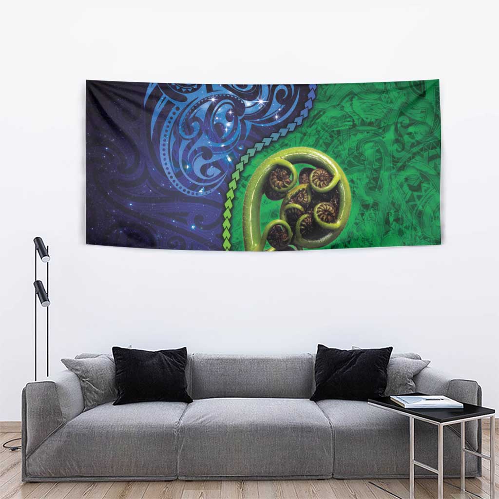 New Zealand Matariki Fern Frond Koru Tapestry with Galaxy Blue Sky and Green Paua Shell Art LT03 - Polynesian Pride