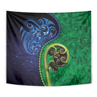 New Zealand Matariki Fern Frond Koru Tapestry with Galaxy Blue Sky and Green Paua Shell Art LT03 - Polynesian Pride